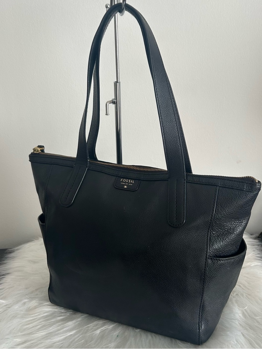 Fossil Black Leather Large Zip Top Tote Laptop Shoulder Bag Work bag - Picture 6 of 14